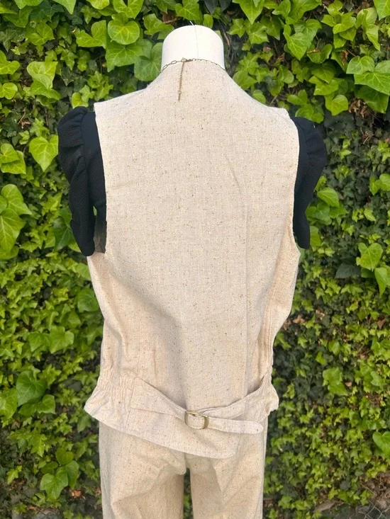 Vintage 70s Pantsuit High Waist Wide Leg Flared Cotton Textured Cream Neutral - Picture 9 of 12